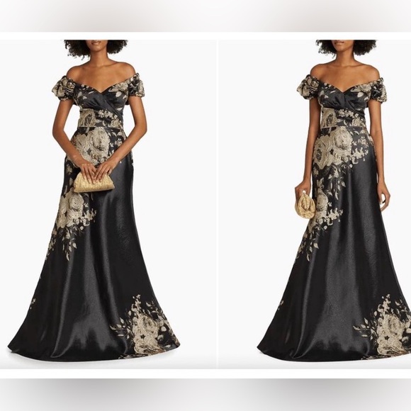 Teri Jon by Rickie Freeman Floral Metallic Jacquard Off-the-Shoulder Gown US 14 - Picture 3 of 8